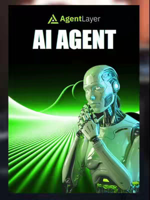 The cover image features a humanoid robot with a futuristic design. The robot has a silver and light green color scheme. It is set against a backdrop of green gradient lines and a darker green sky. The text overlays include the brand name AgentLayer and AI AGENT in a bold, white font.