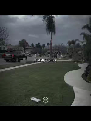 The cover image presents a suburban outdoor scene. The foreground features a well-maintained green lawn leading to a curved white sidewalk. A driveway and road are visible, with a black car parked on the side. Buildings and trees fill the background, under an overcast sky. The overall composition is calm and spacious.