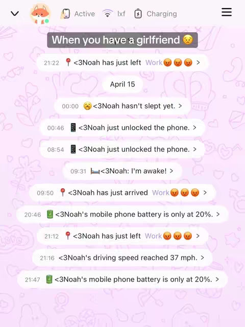 The image shows a phone screen with a light purple background featuring a chat log. The chat log has a series of time-stamped messages with location-based icons and battery indicators. The top features the text "When you have a girlfriend" in a dark, soft rectangle with a sad emoji. A cartoon fox icon is visible at the top left alongside the phone's status icons.