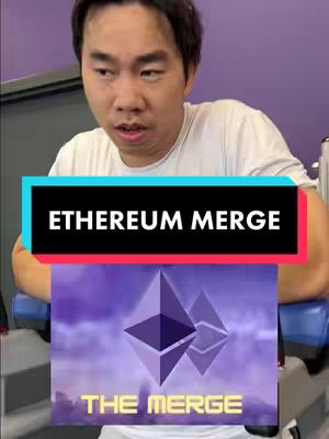 A man in a white t-shirt sits facing the camera, with a background showing gym equipment. In the foreground, a graphic with the Ethereum logo and the text 'Ethereum Merge' and 'The Merge' is displayed.