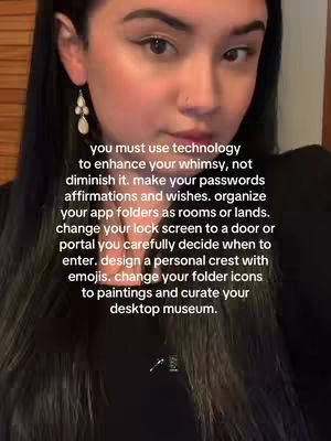 A close-up shot features a person with dark hair and a neutral expression looking directly at the camera. Text overlayed on the image provides a series of instructions relating to technology usage, passwords, and customization of devices.