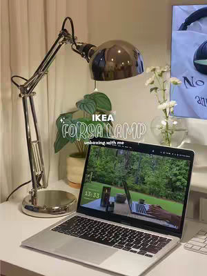 A well-lit workspace featuring a chrome desk lamp, a laptop displaying an outdoor scene, and several decorative elements including plants and flowers. The composition is clean and inviting with a focus on modern design.