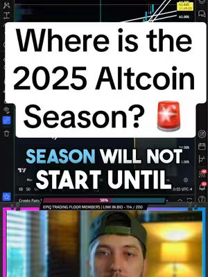 The cover image features a split-screen display. The top portion, set against a dark backdrop, contains prominent white text overlaid with a speech bubble that poses the question, "Where is the 2025 Altcoin Season?" with a red alarm icon. Below this, a text banner reads in a blue hue, "SEASON WILL NOT START UNTIL," indicating an anticipation of market events. The bottom section of the image shows a man, centered in the frame, wearing a dark green cap, his face visible.