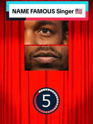 A cover image features a game format with two cropped face sections of a person against a red curtain backdrop. At the top, a rectangular banner displays the text "NAME FAMOUS Singer" in white on a black background, with a small American flag icon. Below, two horizontal sections show the person's eyes and mouth. At the bottom of the image, a timer is represented by a white number 5 within a blue and red circular graphic.
