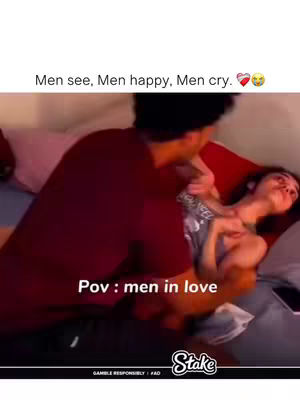 A cover image from a video showing a scene in a bed. A man in a maroon shirt is facing a woman who is laying in bed, and a text overlay at the bottom says 'Pov : men in love'. The image is mostly in dark tones.