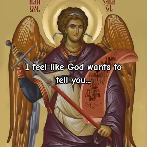The cover image is an illustration depicting a religious angel figure. The angel has a halo and large wings. The angel is holding a sword and a scroll, with the text overlayed on top. The color palette is dominated by warm tones such as gold, red and yellow.