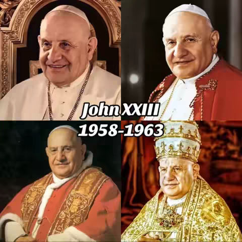 A collage of four images of Pope John XXIII in various poses and outfits, framed with a black and white border.