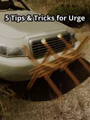 The cover image shows the front of a light-colored car with the words '5 Tips & Tricks for Urge' overlaid at the top. A wooden structure seemingly blocks the car's path in front of the wheels, suggesting a game element.