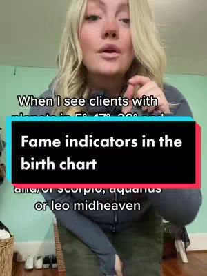 A woman with blonde hair is shown from the chest up, pointing towards the camera. She's in a room with a green wall, and a sign that says 'Fame indicators in the birth chart' is overlaid on the image.