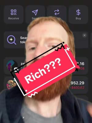 The cover image features a man in a close-up shot, with a stylized overlay of a red rectangle with the text "Rich???" in white. Behind him, a phone screen or app interface is subtly visible with some action buttons like receive, send and buy. A transparent user interface is visible in the background.