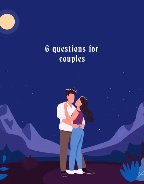 An illustrated image with a dark blue background showing a couple embracing in front of mountains and a starry night sky. Text overlays the image.