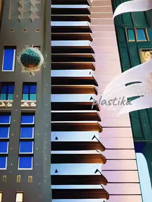 An abstract image depicting a building's facade composed of a piano keyboard. The left side features a building with rows of blue windows, and the right side suggests another structure with hints of green and white flowing elements. The keyboard keys dominate the center, with a combination of black and white that mimics a real piano.
