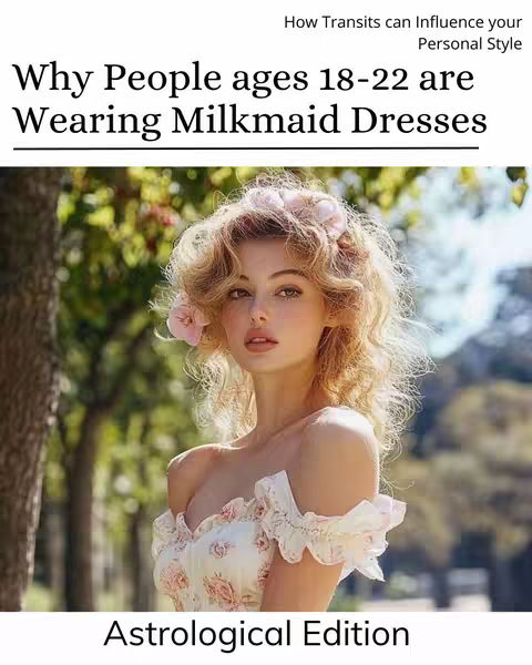 The cover image features a woman in a milkmaid dress posed outdoors. She has curly blonde hair adorned with pink flowers. The upper body is visible, against a blurred green background of trees. Text overlays at the top say 'How Transits can Influence your Personal Style' and the main title. 'Astrological Edition' appears at the bottom.