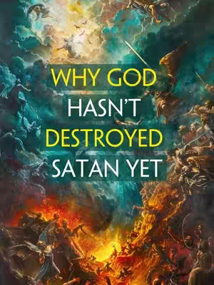 A digitally painted image depicting a celestial and infernal battle scene. The upper portion features a vibrant, cloud-filled sky with figures of angels. The lower half transitions to a fiery, hellish landscape with battling demons. Text overlayed in the center reads "WHY GOD HASN'T DESTROYED SATAN YET," highlighted against the dynamic backdrop.