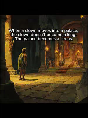An illustrative image depicts a classical setting with a man in a toga standing in a grand hall, lit with an ethereal glow. Text overlays the image with a philosophical quote about character and circumstance.