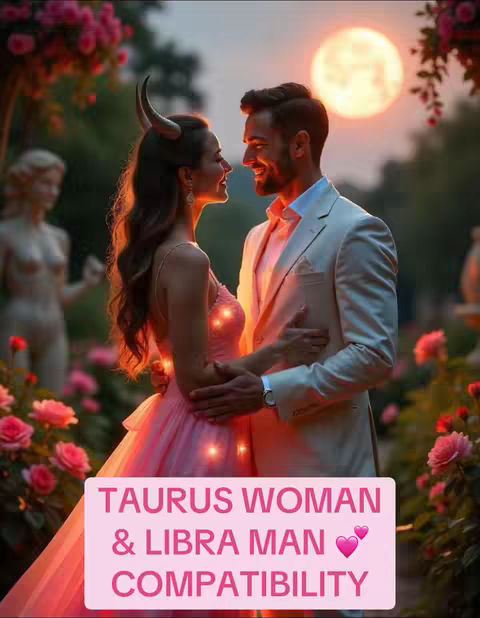 A digitally enhanced image depicts a couple standing close, gazing at each other. The woman on the left has horns, suggesting a fantasy element. The background includes blurred greenery, flowers, and a large, glowing moon, creating a romantic atmosphere. The text overlay at the bottom says 'TAURUS WOMAN & LIBRA MAN COMPATIBILITY'.