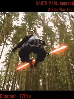 Darth Maul in mid-air with a red lightsaber, surrounded by a forest, and text overlays at the top and bottom.