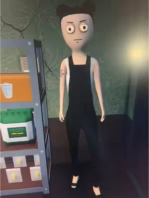 The cover image features a cartoon-style character created with 3D rendering in a room. The character has a light-blue skin tone, exaggerated facial features, and is wearing black overalls and a white tank top. The character has a serious expression on their face. To the character's left, there is what appears to be a shelf or storage unit with various items on it. The background is a textured surface of gray green tones. The lighting seems diffused, creating soft shadows.