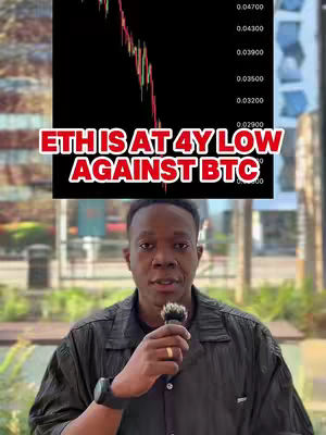 A medium shot features a Black man in a black shirt holding a microphone, and a graph that shows a decreasing trend, along with an overlayed red text.