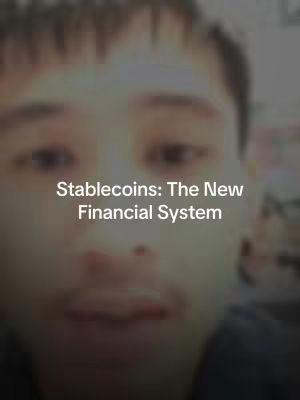 A blurry selfie-style image with a person's face taking up most of the frame. The person appears to be a man with short hair. The text overlayed on the image says "Stablecoins: The New Financial System". The background is a blurred effect. The color palette of the image is muted with a yellowish hue.