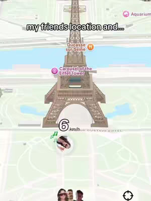 A map-like interface with the Eiffel Tower prominently displayed as a 3D model. The overlay includes text indicating a location and user icons.