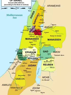 A map of the ancient lands of Israel is shown, with colored regions indicating the territories of different tribes or kingdoms. Text overlays identify geographical features and historical references.