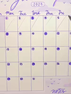 The image is a calendar page for January 2024. The calendar has a light purple grid with dates and days. Days and dates are marked with a light purple circle. The numbers 1, 2, 3, 4, and 5 are marked with a light purple checkmark. The top right corner has a box with the numbers '2-0-2-4' also in light purple. 'Notes' is written in cursive at the bottom. There are small bird illustrations scattered on the top and bottom.