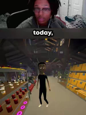 The cover image is split in two sections. The top section shows the creator, a Black male with glasses, looking towards the camera. The bottom section features a 3D rendered interior of a warehouse type setting. At the center is a 3D model of a man in a black outfit, standing and facing away from the camera. The scene is lit with green and white lights, suggesting a shop or store environment.