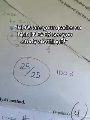 The image shows two exam question sheets with the top sheet having a question and a handwritten conversation bubble with text. A test paper with the grade 25 of 25 and 100% marked on it is visible.