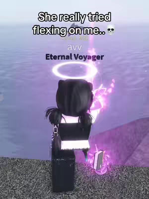 A Roblox avatar, viewed from behind, stands in a purple-hued, watery environment, likely a game setting. Text overlays include a dialogue bubble that seems to be a comment. The avatar is black-haired, wearing a black and white ensemble and has a backpack. The scene glows and has light effects. The avatar is in front of a body of water with a light reflecting off of it.