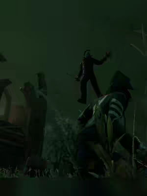 The cover image shows a dark, stylized scene from the video game Dead by Daylight, featuring two characters in a misty, outdoor setting. One character, a menacing figure resembling Michael Myers, is suspended in mid-air above another figure who is crouched down on the ground. The overall color scheme is dark and moody, with greens and blacks dominating, creating an atmosphere of horror and suspense.
