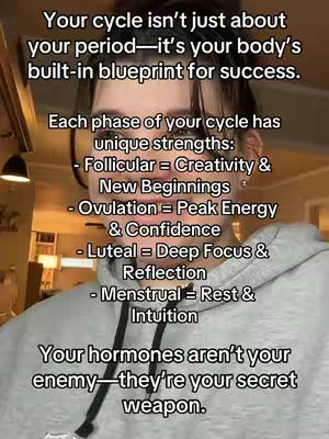 The cover image features a close-up shot of a person with dark hair and a gray hoodie, set against a blurred background. The person's face is directly in the center, with text overlaying the image, structured as a list of cycle phases and their corresponding strengths. The lighting appears to be natural, creating a soft and intimate feel.