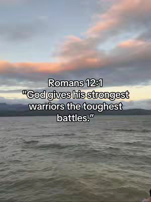 The cover image features a scenic view with a body of water, likely a lake or the ocean, under a cloudy sky. The sky displays a gradient of colors, with shades of pink and orange, suggesting either sunrise or sunset. The text overlay has the verse from Romans 12:1 written in a clear white font, centered over the image.
