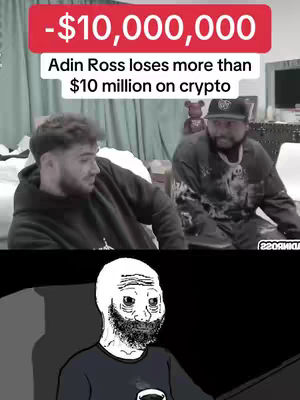 The image is divided into two sections, with a split frame design. The top half includes a shot of two men, likely in a room setting, along with text indicating that one of them, Adin Ross, lost a substantial amount of money on cryptocurrency. The bottom half of the image features a black and white cartoon of a man with a beard, suggesting sadness.