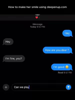 A mobile phone screen displaying a text messaging conversation against a solid black background. At the top, there is a text overlay in white, reading, 'How to make her smile using deepenup.com' The conversation bubbles are in a blue color scheme, with the user's texts on the right and the other person's on the left. The content of the messages reveals a simple exchange with the last message being "Can we play?".