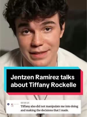 The cover image displays a young man with dark, wavy hair, looking and speaking directly at the camera. He is wearing a white t-shirt. The background is blurred and out of focus, with subtle, shaded tones. A rectangular text overlay in a vibrant teal and dark red covers the bottom center of the image, with the text "Jentzen Ramirez talks about Tiffany Rockelle." Below it, a smaller white box containing text shows the timestamp and a sentence with the word 'Lie' on the left.