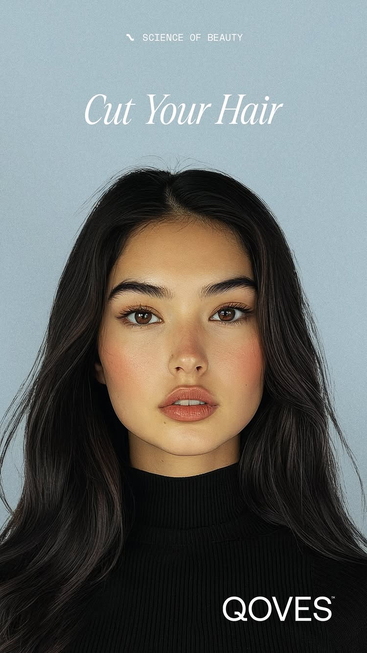 A close-up shot of a woman with dark hair and light skin, she is looking at the camera in the center of the photo. Over her, there are the words 'Cut Your Hair' in a white font.