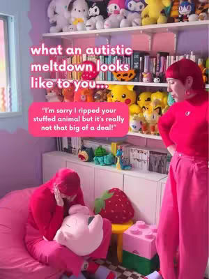 The cover image shows two women in a colorful room. The main focus is on a woman in red who is holding her head and a stuffed animal with pink in it. Another woman, also in red, stands beside her with her hands on her hips. The background contains stuffed animals on shelves and text overlay in pink.