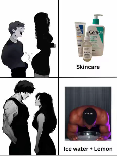 A four-panel image with a white background. In the top left, there's a cartoon illustration of a man gesturing to a woman. The top right panel shows skincare products: a cleanser, toner, and serum. The bottom left depicts a stylized couple. The bottom right panel has a man leaning into a bowl of ice water in a bathroom, with the time 5:49 AM on the screen.