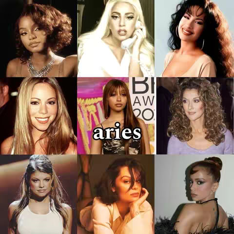 A collage of nine photos, each featuring a different woman, arranged in a 3x3 grid. At the center is a woman with long brown hair, in front of a backdrop with the word 'aries' in a stylized white font. The left side shows a woman with short curly hair, with a necklace. In the top right corner is a woman with dark curly hair and earrings. The overall color scheme includes a mix of warm and cool tones.
