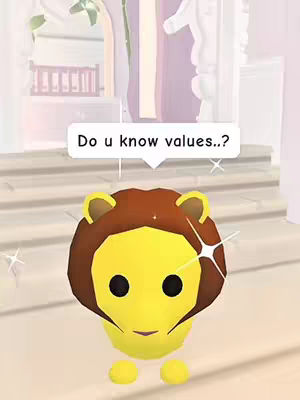The image features a cute, cartoonish lion character from the game Adopt Me, set against a soft, blurred background suggesting a stylized interior. The lion is yellow with a brown mane and large black eyes, bearing a neutral expression. A speech bubble above it reads 'Do u know values..?' with sparkles around it, adding a playful, attention-grabbing effect to the image.