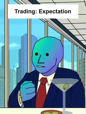 An image featuring the NPC Wojak meme in a setting that resembles an office or high-end bar. The NPC is depicted with a gradient blue and green head and wearing a suit and red tie while appearing to hold a martini glass. The background showcases a cityscape through a large window. A text overlay at the top reads 'Trading: Expectation'. Overall color palettes consists of shades of blue, green, red, and brown