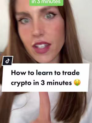 A woman with long brown hair is centered in the frame, with a white text box overlaid on her chest. Text in the box says, "How to learn to trade crypto in 3 minutes." The woman has green eyes and is looking directly at the camera. There is a green box overlaid on top right that says "in 3 minutes".