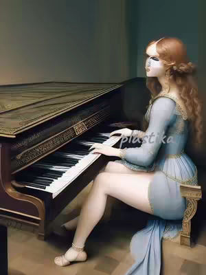 An artistic illustration of a woman playing a grand piano. She is depicted in a classic style, wearing a long, light blue dress. The piano is a dark, ornate design, adding to the vintage aesthetic. The background is a muted, neutral tone.