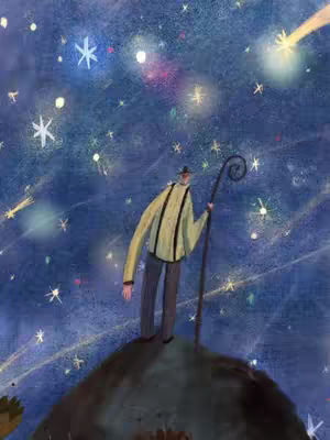 A whimsical illustration of a figure standing atop a small hill or mound, gazing upwards toward a night sky filled with stars and celestial bodies. The figure is wearing a light-yellow jacket, dark pants, and a hat and is holding a curved staff. The sky is a deep blue, filled with various sized stars and some that appear to be shooting. The color palette is muted, lending a dreamy, illustrative quality to the scene.