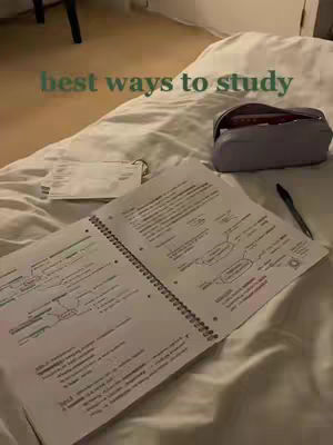 A top-down shot of a bed with white sheets. A notebook and pen are open on the bed with notes and mindmaps. A pencil case sits next to the notebook. Text overlays are present at the top. The overall composition suggests study materials.