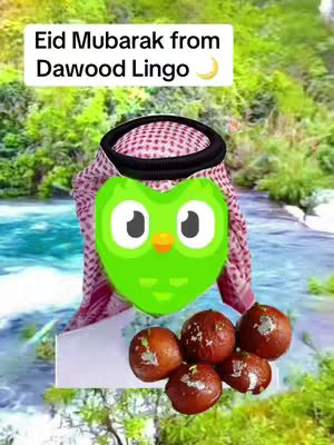 The cover image features a Duolingo owl character wearing traditional Arab headwear, overlaid on a background of a natural landscape with trees and water. In the foreground, there is a collection of round, reddish-brown fruits.