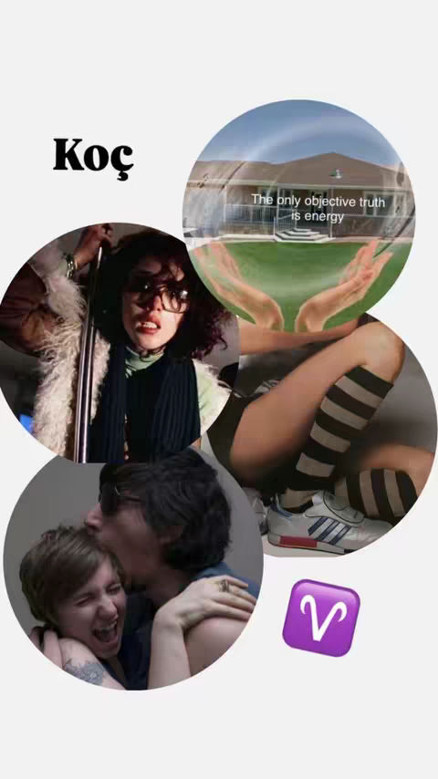 The image is a collage composed of several circular image elements arranged on a light background. The top-left displays the word "Koç" in bold, black text. Circling this text, there are three additional circular images, each showing different scenes. Some of the scenes include pictures with vibrant imagery and text to evoke a sense of engagement and mystery. In the bottom right corner an Aries sign.