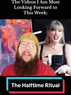 The cover image is a vertical video still, featuring a man in the foreground with a blurred background displaying a stage scene with Taylor Swift, and a text overlay at the bottom. The man is wearing a red hoodie, a yellow beanie, and glasses. He has a full beard and is looking towards the camera with an engaging expression. To his right, Taylor Swift is visible, also looking at the camera with an animated expression. The background blurs to suggest a performance environment.