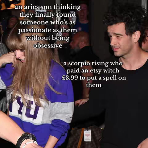 A split image featuring Taylor Swift and Matty Healy. Taylor is on the left, looking down and to the side, wearing a blue and white NYU sweatshirt. Matty Healy is on the right, slightly smiling.
